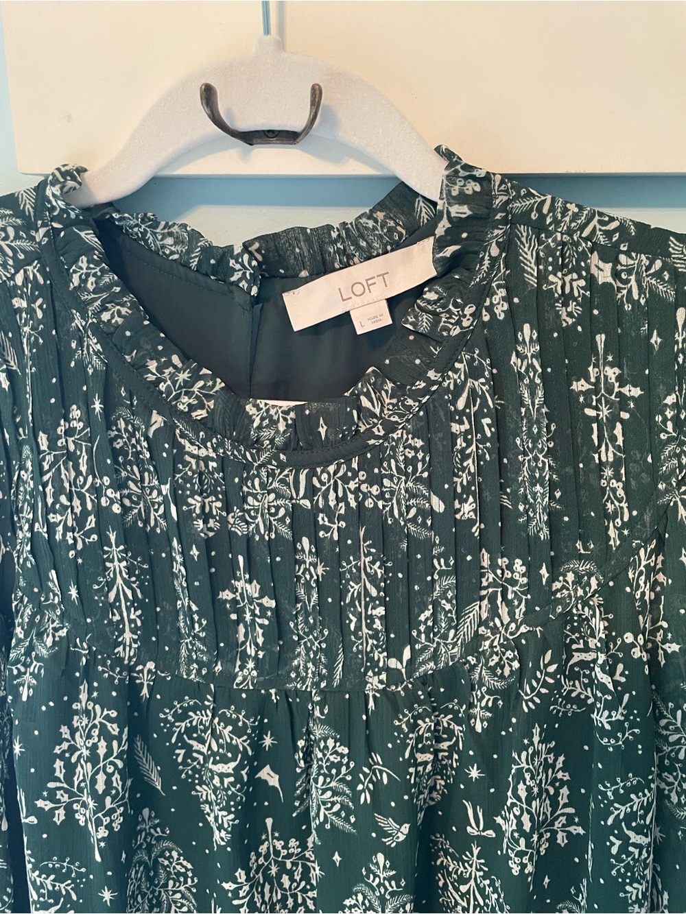 LOFT Dark Green Printed Long Sleeve Peasant Blouse